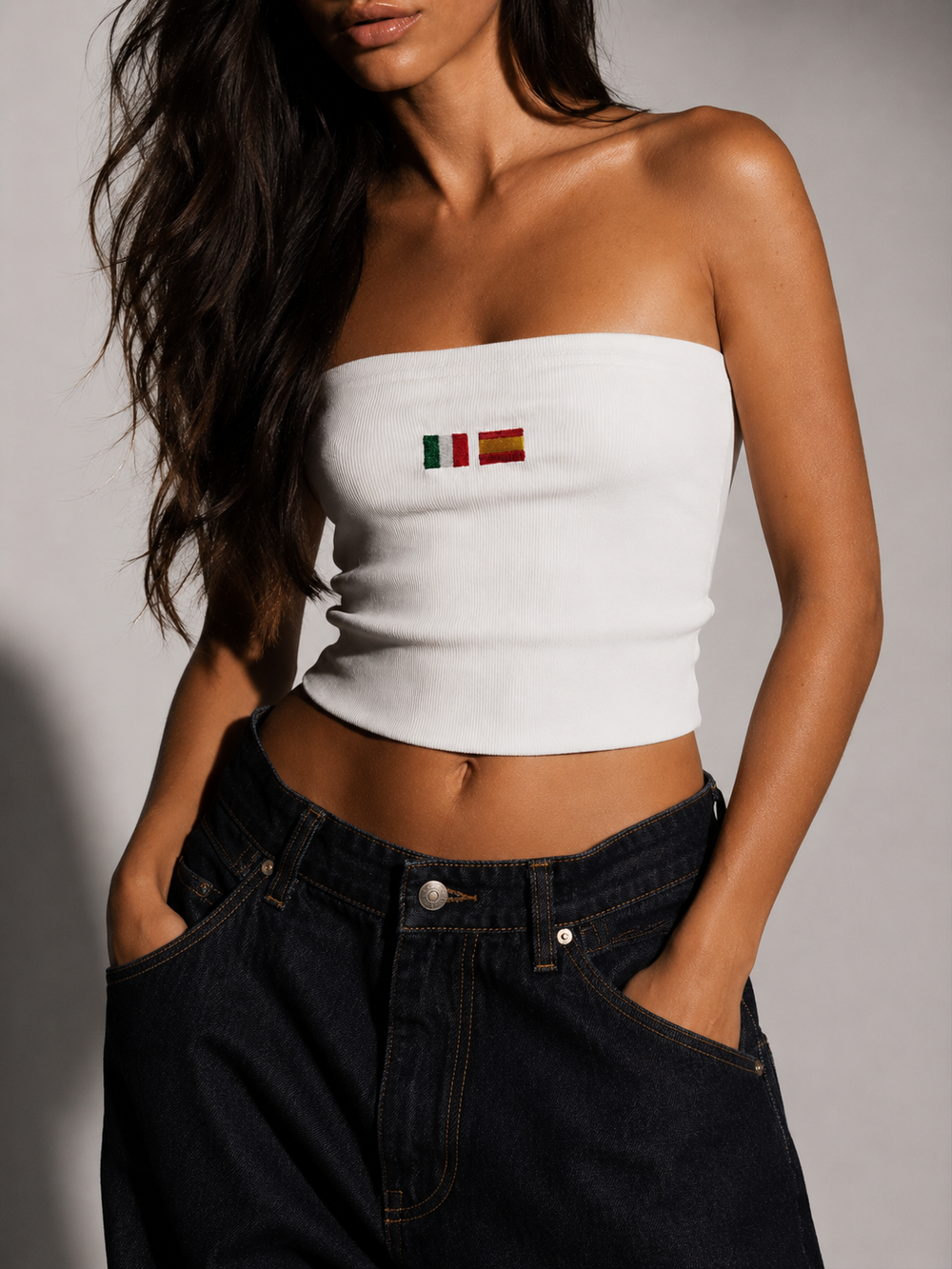 Top bandeau femme brodé drapeaux Italie et Espagne – collection Origins